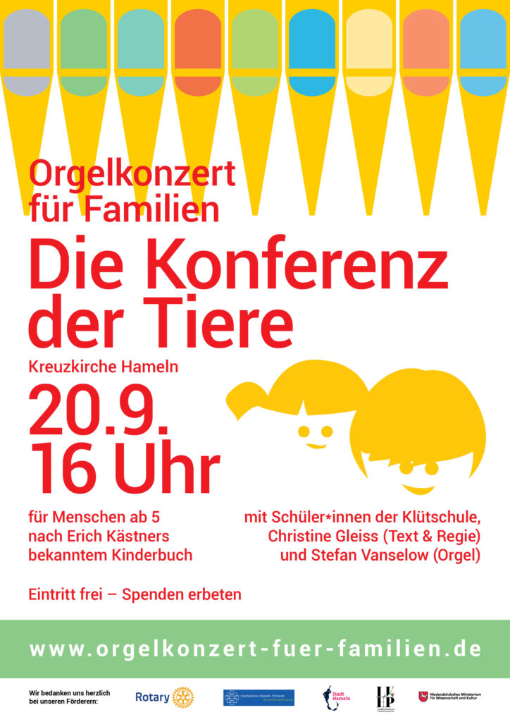 Plakat Orgelkonzert für Familien 20.9.2026: „Die Konferenz der Tiere“